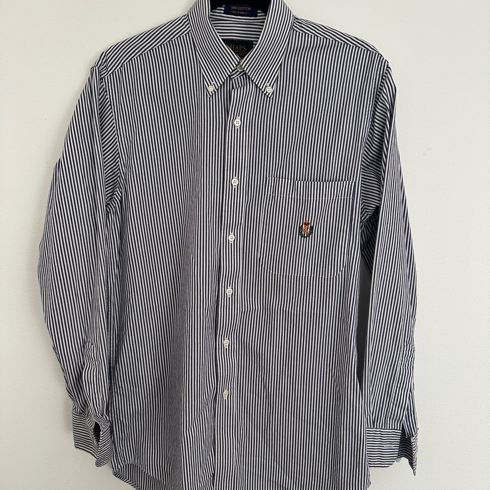 Ralph Lauren Men's Navy and White Striped Button-Down Shirt